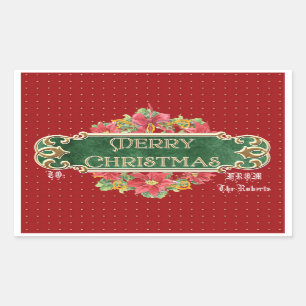 Frohe Weihnachts Gold Swirl Poinsettia Wreath Jewe Rechteckiger Aufkleber