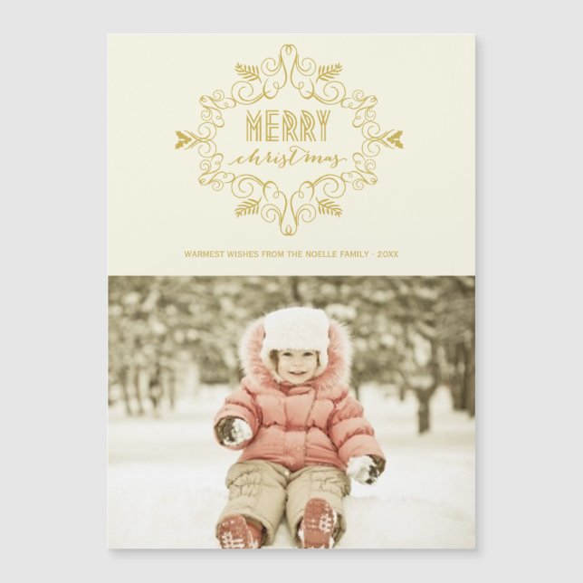 Frohe Weihnachts Gold Vintag Deko Foliage Foto Magnetkarte (Vorderseite)