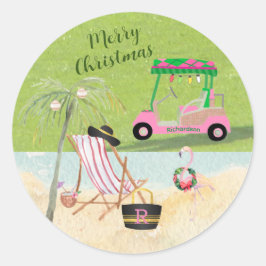 Frohe Weihnachts Golf Cart Beach Monogram Name Runder Aufkleber