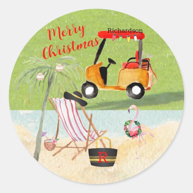 Frohe Weihnachts Golf Cart Beach Monogram Name Runder Aufkleber (Vorderseite)
