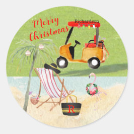 Frohe Weihnachts Golf Cart Beach Monogram Name Runder Aufkleber