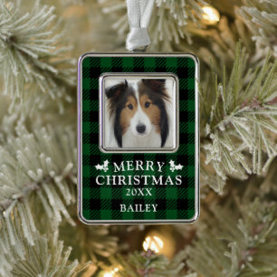 Frohe Weihnachts Green Buffalo Karo Dog Foto Rahmen-Ornament Silber