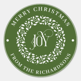 Frohe Weihnachts Green Round White Holly Wreath Jo Runder Aufkleber