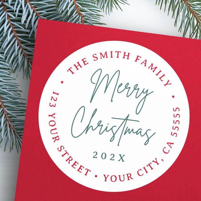 Frohe Weihnachts-Grün-Skript-Rücksendeadresse Runder Aufkleber (Merry Christmas red green script return address Classic Round Sticker)