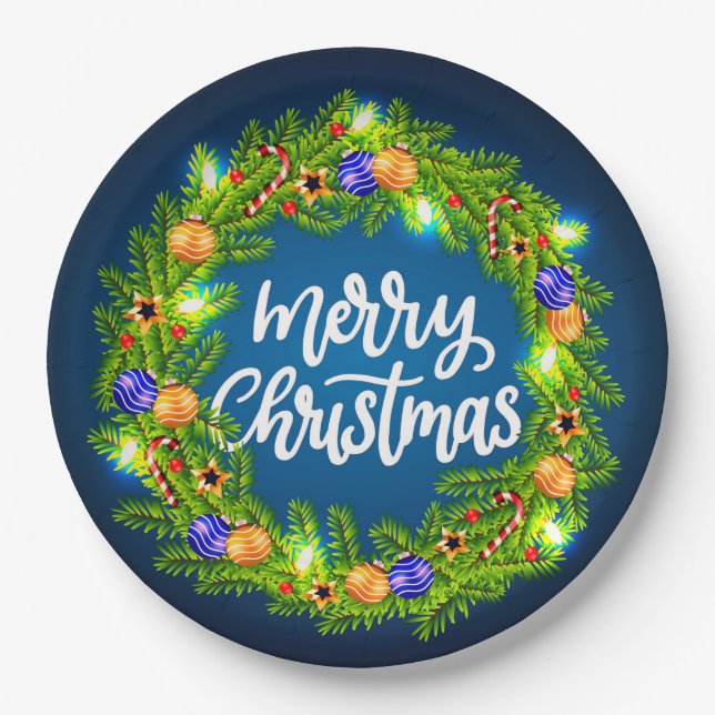 Frohe Weihnachts Grüner Kranz auf Blue 9" Pappteller (Vorderseite)