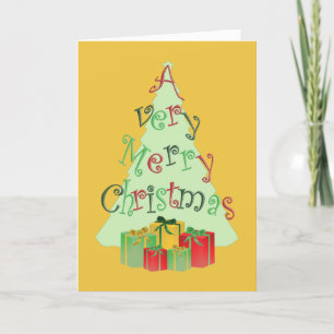 Frohe Weihnachts-Grußkarte mit Bäumen und Geschenk Feiertagskarte