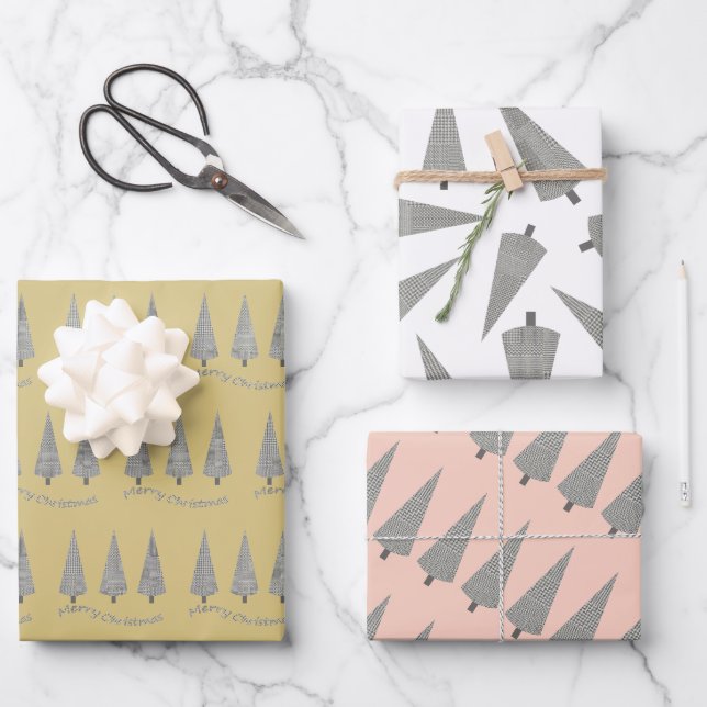 Frohe Weihnachts-Hahnentrittmuster Baummuster Geschenkpapier Set (Vorderseite)