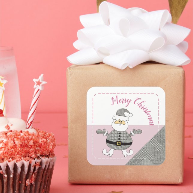 Frohe Weihnachts-Hahnentrittmuster Fashion Santa Quadratischer Aufkleber (Party)