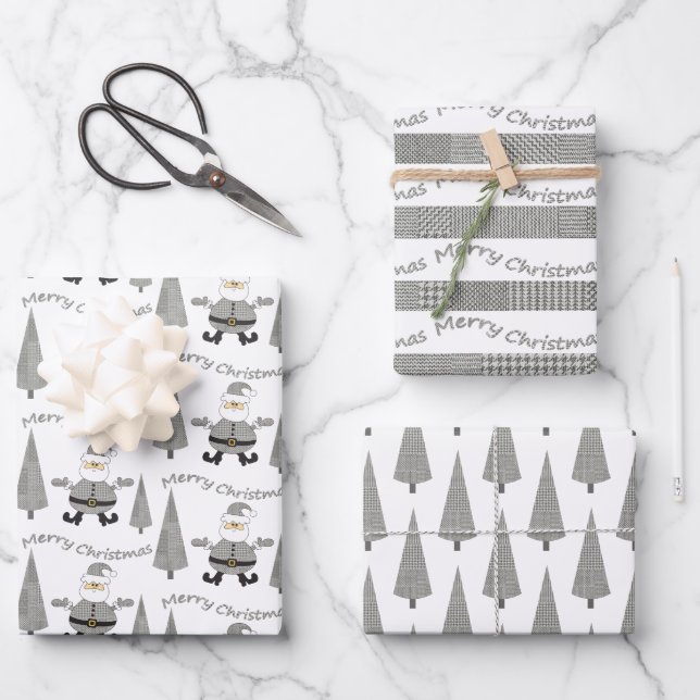 Frohe Weihnachts-Hahnentrittmuster Tree Santa Patt Geschenkpapier Set (Vorderseite)