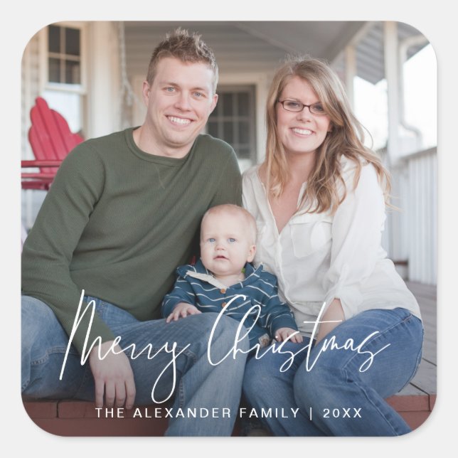 Frohe Weihnachts-Hand Schreiben Script Foto Sticke Quadratischer Aufkleber (Vorderseite)