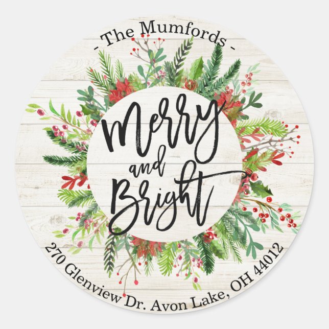Frohe Weihnachts-Happy Holiday Holly Wreath Adress Runder Aufkleber (Vorderseite)