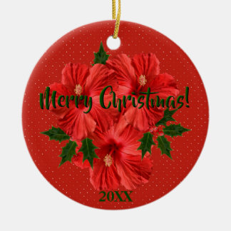 Frohe Weihnachts-Hibiskus Holly Holiday Round Keramik Ornament