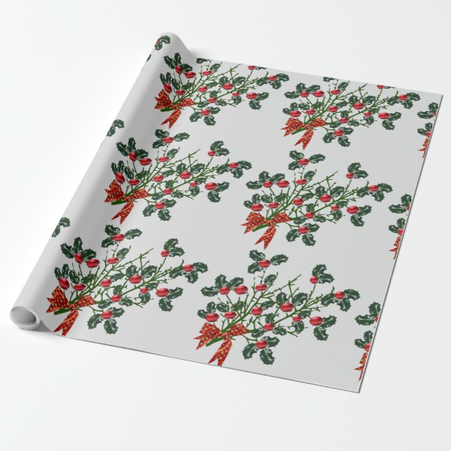 Frohe Weihnachts Holly Branch Wrapping Paper Geschenkpapier (Ungerollt)