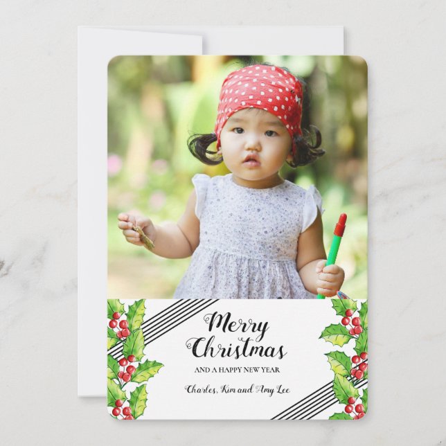 Frohe Weihnachts-Holly-Foto-Urlaubskarte Einladung (Vorderseite)