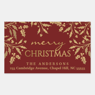 Frohe Weihnachts-Holly-Gold-Imitate Foil-Adresse Rechteckiger Aufkleber