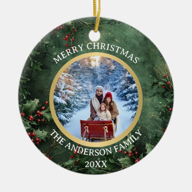 Frohe Weihnachts-Holly und Berries-Keramik Keramik Ornament (Vorne)