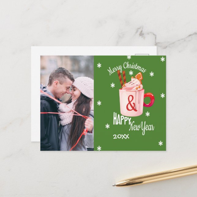 Frohe Weihnachts Hot Coco Couple Foto Postcard Postkarte (Vorderseite/Rückseite Beispiel)