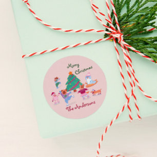 Frohe Weihnachts-Hund Eis Skaten Name Rosa Runder Aufkleber