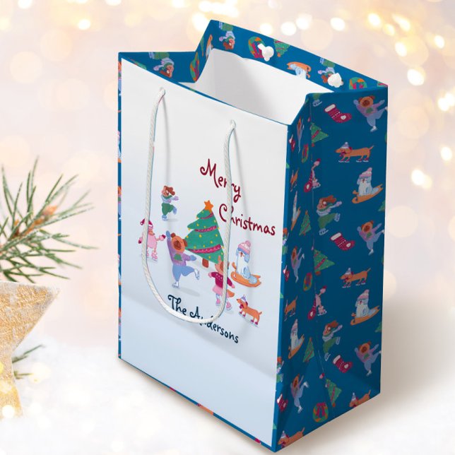 Frohe Weihnachts-Hund Ice Skaten Name Blau Mittlere Geschenktüte (Von Creator hochgeladen)