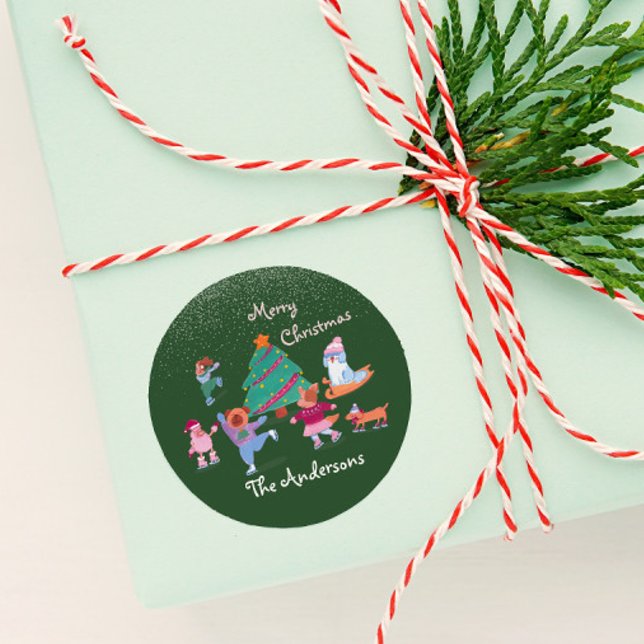Frohe Weihnachts-Hund Ice Skaten Name Grün Runder Aufkleber (Von Creator hochgeladen)