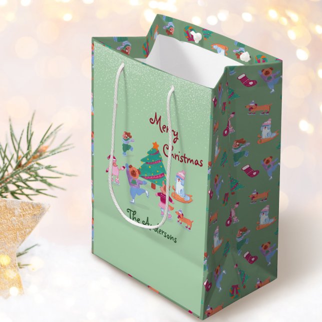 Frohe Weihnachts-Hund Ice Skaten Pistachio Green Mittlere Geschenktüte (Von Creator hochgeladen)
