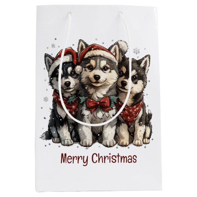 Frohe Weihnachts-Husky-Hunde Mittlere Geschenktüte (Vorderseite)