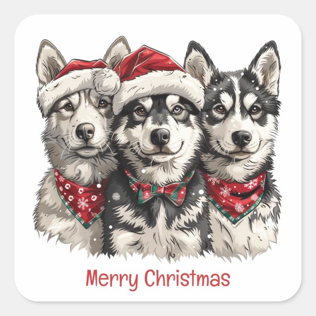 Frohe Weihnachts-Husky-Hunde Quadratischer Aufkleber (Vorderseite)