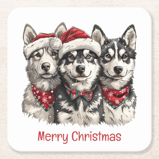 Frohe Weihnachts-Husky-Hunde Rechteckiger Pappuntersetzer (Vorderseite)