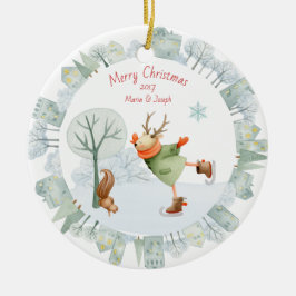 Frohe Weihnachts-Ice Skaten Deer im Winter am Keramik Ornament