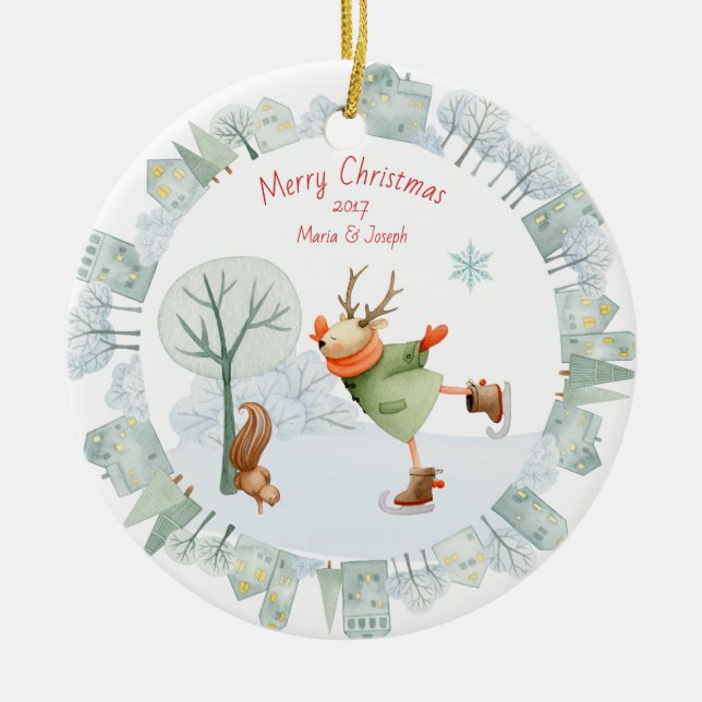 Frohe Weihnachts-Ice Skaten Deer im Winter am Keramik Ornament (Vorne)
