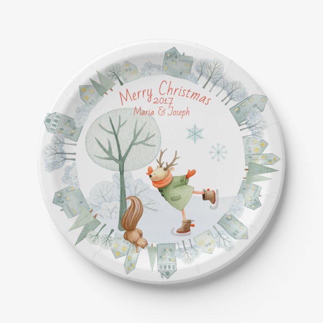 Frohe Weihnachts-Ice Skaten Deer im Winter am Pappteller (Vorderseite)