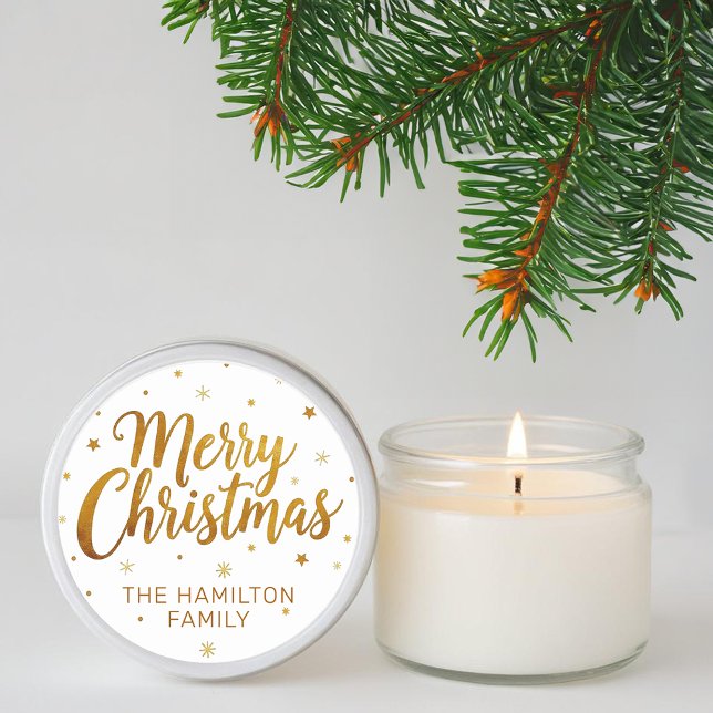 Frohe Weihnachts-Imitate Gold Lässige Script Snowf Runder Aufkleber (Merry Christmas Typography Sticker)