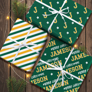 Frohe Weihnachts-Individuelle Name Monogram Green  Geschenkpapier Set