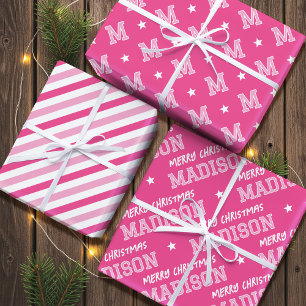 Frohe Weihnachts-Individuelle Name Monogram Pink Geschenkpapier Set