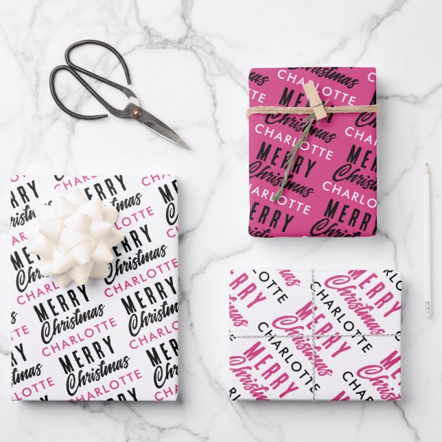 Frohe Weihnachts-Individuelle Name Pink Trendy Geschenkpapier Set (Vorderseite)