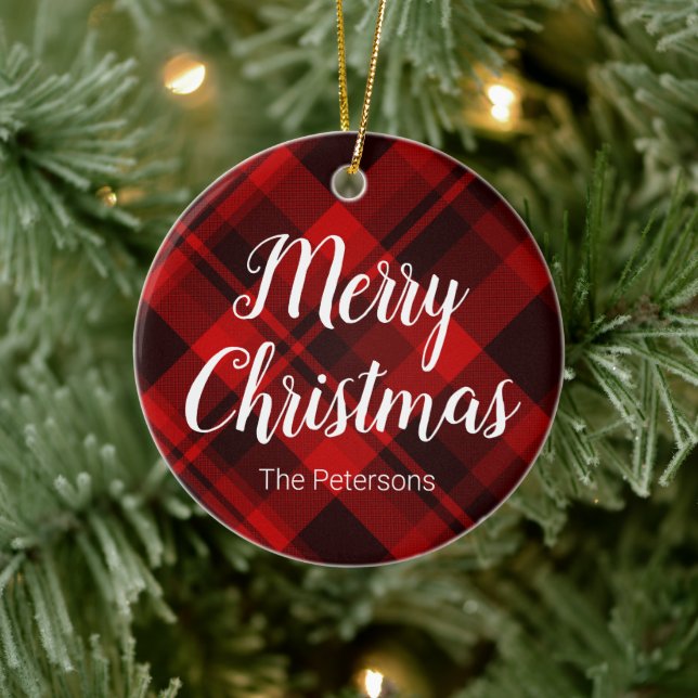 Frohe Weihnachts-Individuelle Name Red Black Karie Keramik Ornament (Baum)