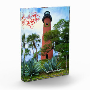 Frohe Weihnachts Jupiter Inlet Florida Lighthouse Fotoblock