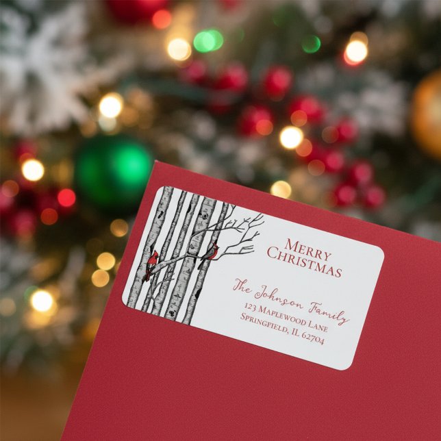 Frohe Weihnachts-Kardinal Birch Branches Adressaufkleber (Elegant Festive Winter Return Address Label. Hand Drawn Red Cardinal Birds in Birch Trees)