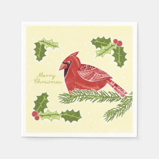 Frohe Weihnachts Kardinal Bird auf Zweig mit Holly Serviette