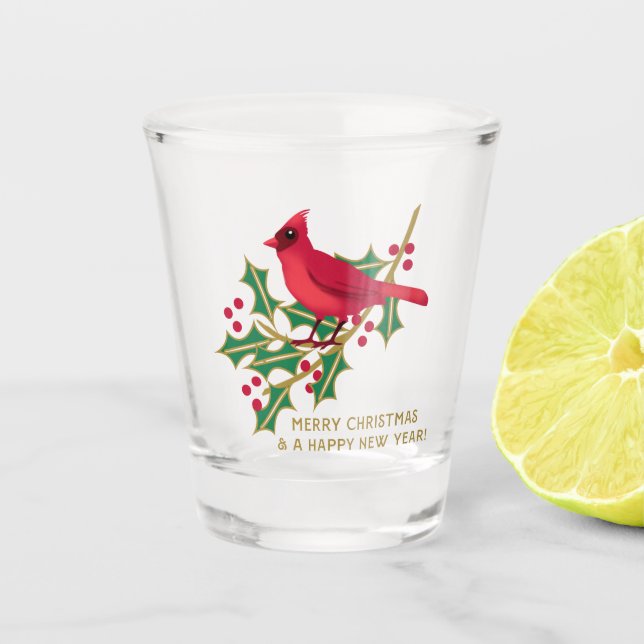 Frohe Weihnachts-Kardinal und Holly Branch Schnapsglas (Vorderseite)