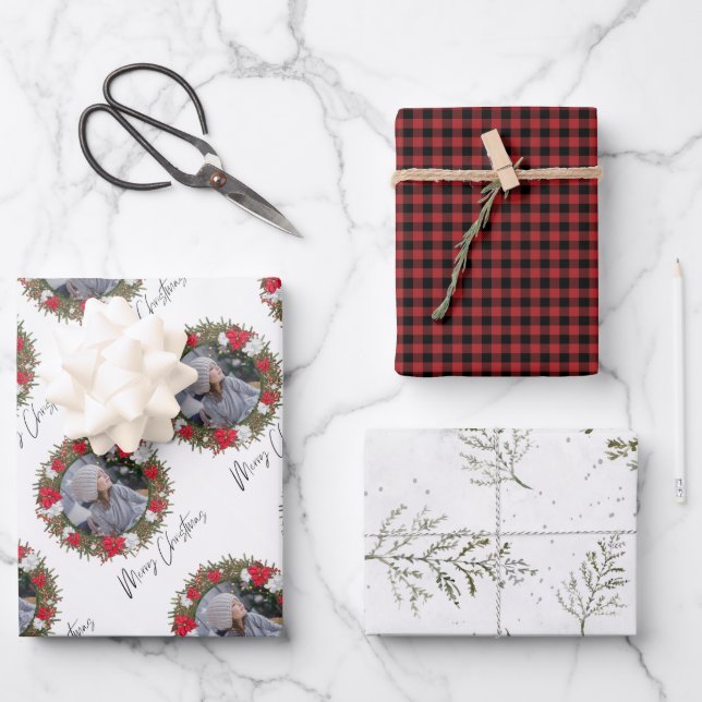 Frohe Weihnachts-Kranz Red bezahlt mit Foto Geschenkpapier Set (Vorderseite)