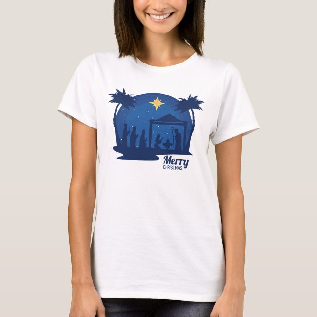 Frohe Weihnachts-Krippe Blue T-Shirt (Vorderseite)