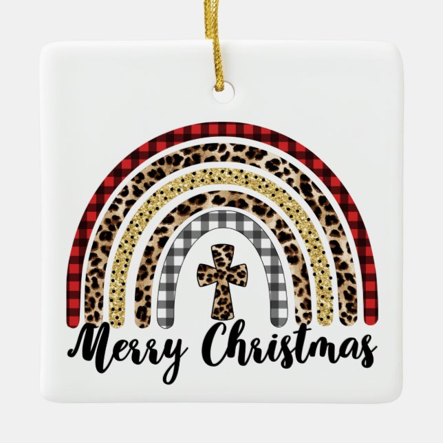 Frohe Weihnachts-Leopard Print Cross Keramikornament (Vorderseite)