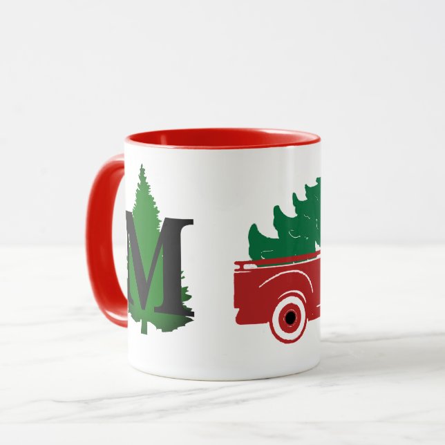 Frohe Weihnachts-Lieferwagen und Baummonogramm Tasse (Vorderseite Links)