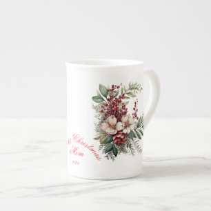 Frohe Weihnachts-Mama White Red Green Floral Prozellantasse