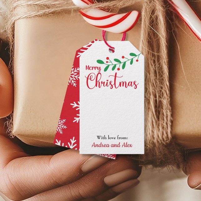 Frohe Weihnachts-Mistletoe-Filiale und Schneeflock Geschenkanhänger (Merry Christmas Mistletoe branch and snowflakes Gift Tags - front/back)