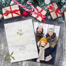 Frohe Weihnachts Mistletoe Rustic Wood Foto Gold
