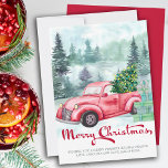 Frohe Weihnachts Misty Forest und Vintager Red Tru<br><div class="desc">Frohe Weihnachtskarte mit festlicher Kalligraphie. Attraktives traditionelles Design mit schmiedem Aquarellwald,  Vintagem rotem LKW,  Weihnachtsbaum mit Saitenleuchten und einem Stapel Geschenke. Die Vorlage ist für Sie bereit,  Ihren personalisierten Gruß hinzuzufügen.</div>