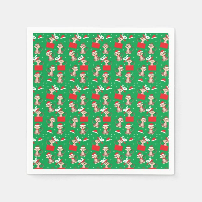 Frohe Weihnachts Monkey Pattern Elf Santa Red Serviette (Vorderseite)