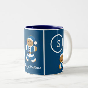 Frohe Weihnachts Monogram Gingerbread Santa Blue Zweifarbige Tasse